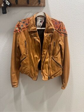 Free People cognac leather Jacket with Embroidered Shoulder Detail